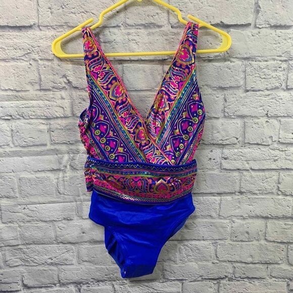 Vintage‎ Catalina One Piece Ornate Blue Pink Gold Swimsuit Made in USA Size 10 - Picture 1 of 6